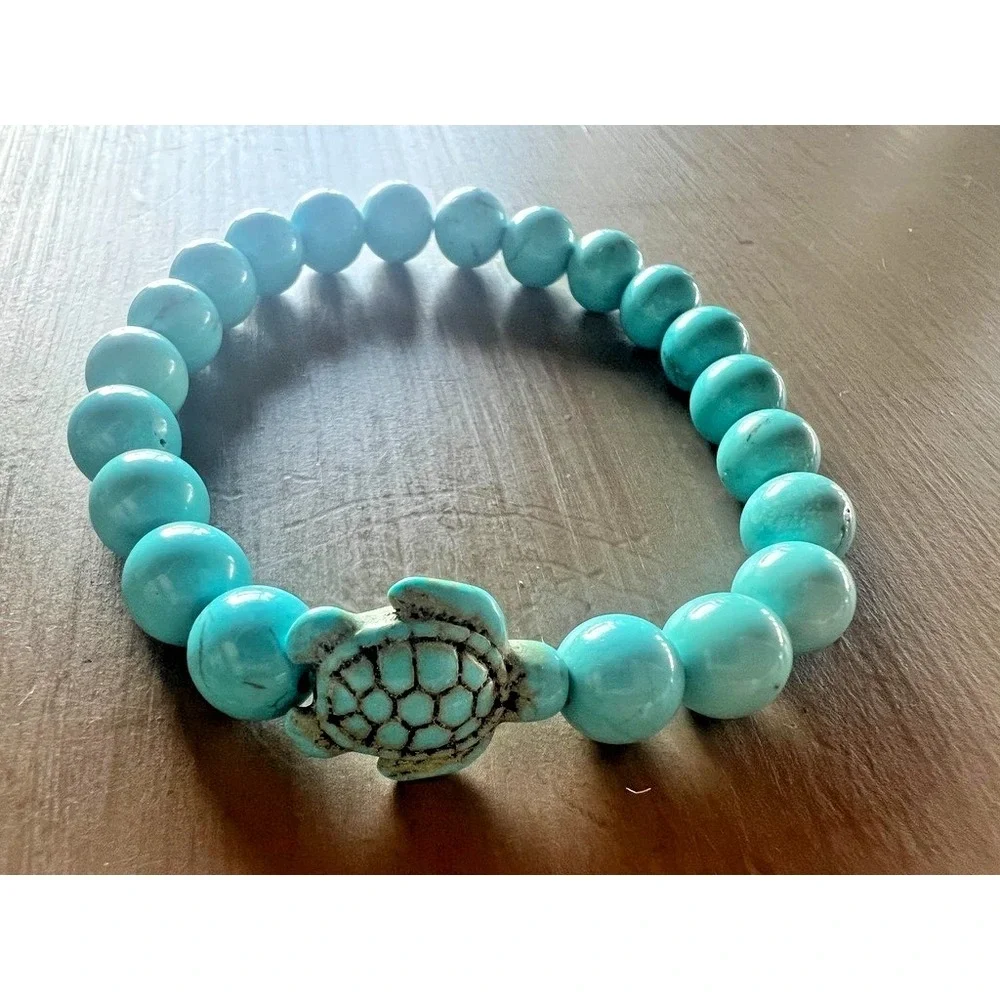 Turquoise Tone Stone Turtle Stretch Bracelet Boho Coastal Beach Jewelry Ocean‎